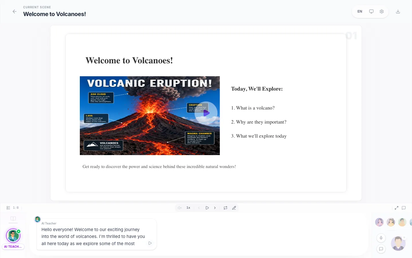 A generated Hi AI Tutor lesson: narrated slide with AI-made volcano infographic, AI teacher and classmates