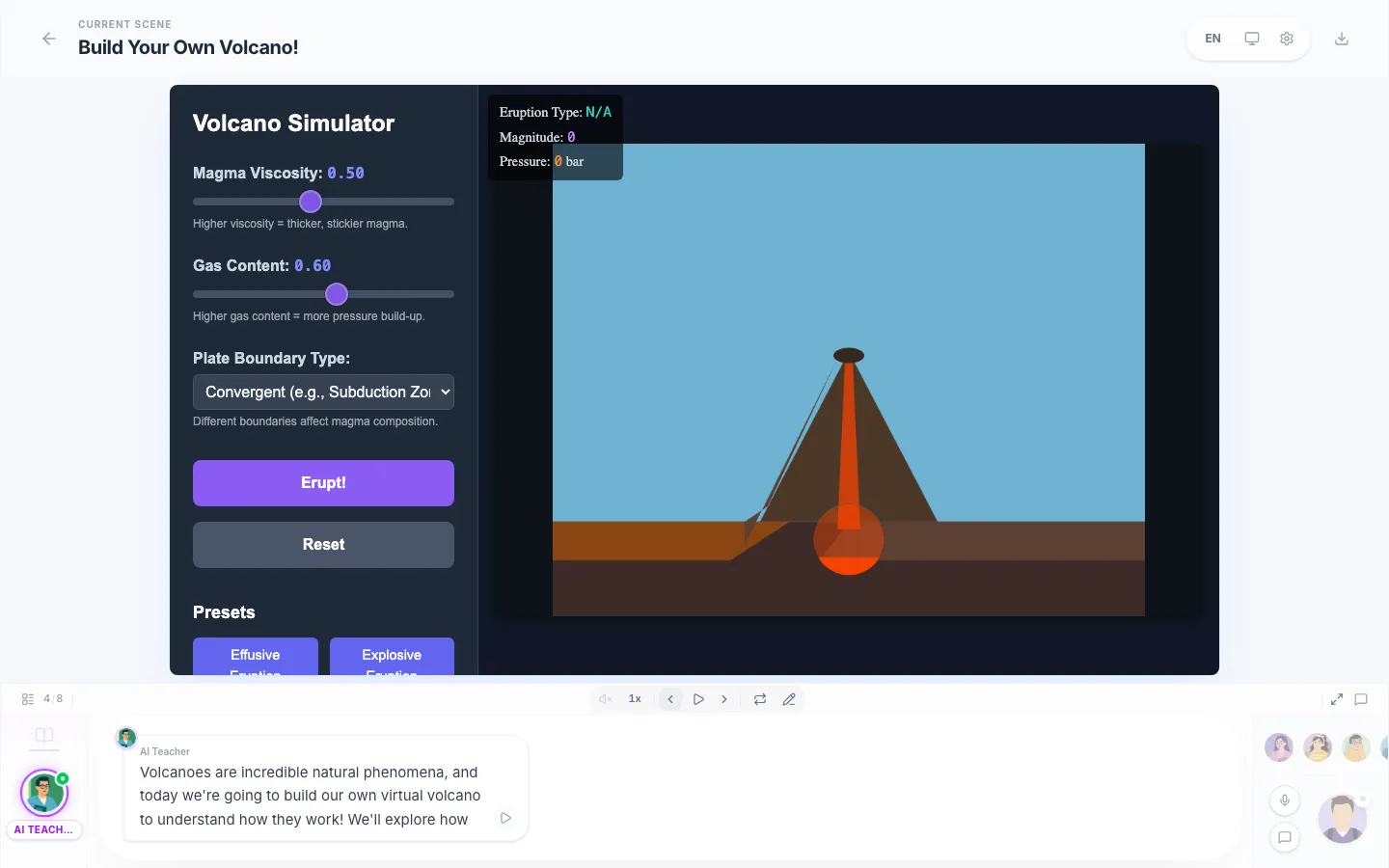 An interactive volcano simulator generated inside a Hi AI Tutor lesson, with viscosity and gas sliders