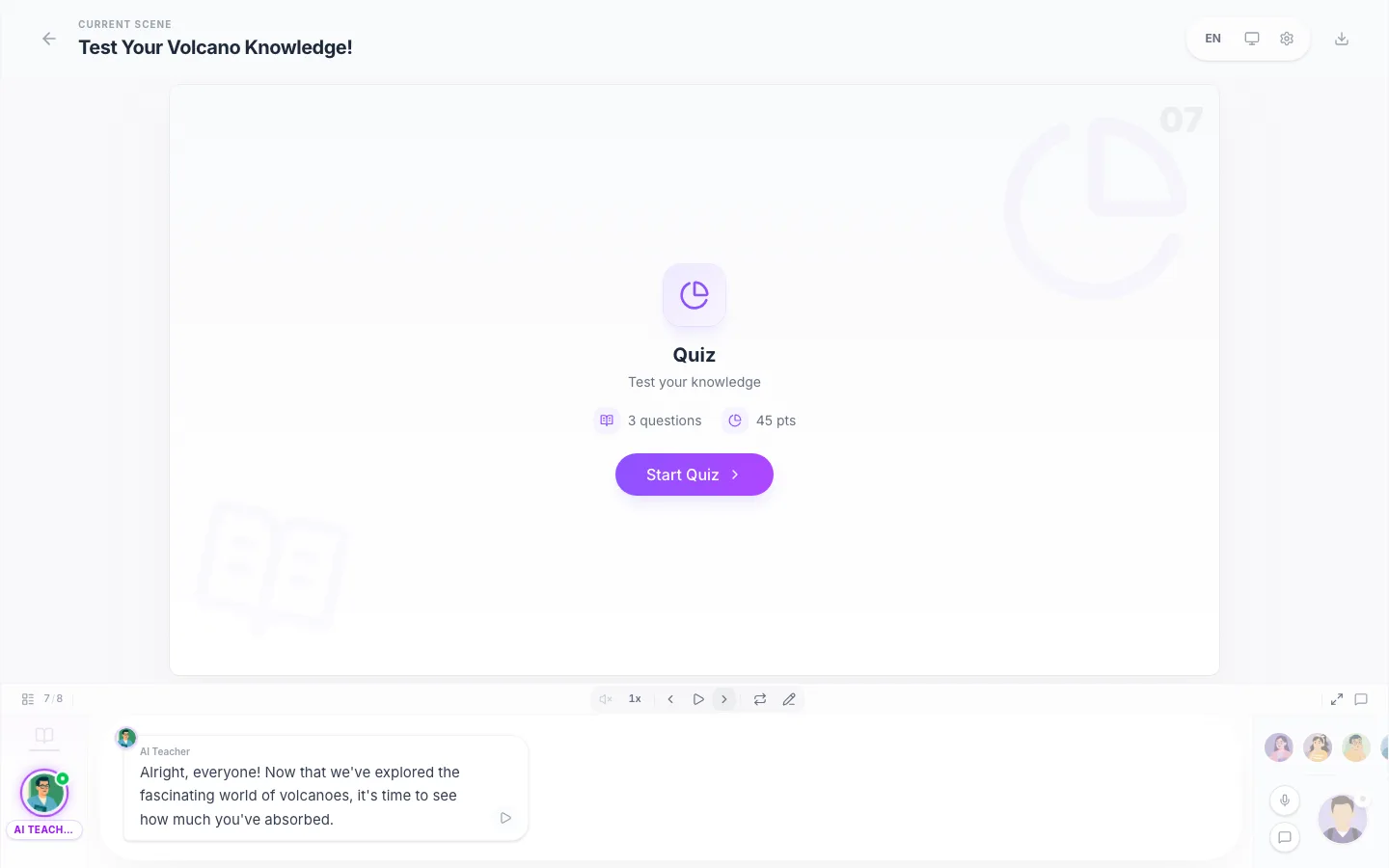 Quiz scene of a Hi AI Tutor lesson with three questions